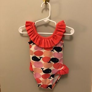 Toddler Coral and Navy Whale Print Swimsuit